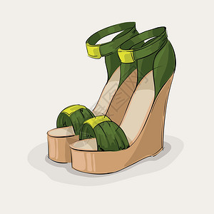 米色鞋豪华女人39的绿色凉鞋与黄色扣孤立矢量插图插画