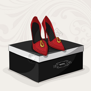 时尚女39的红鞋高跟鞋黑色豪华礼品盒矢量插图图片