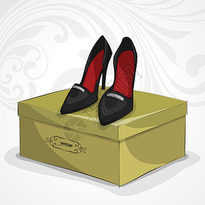 购买皮鞋素材经典的女人39的皮鞋高跟鞋上的黄色礼品盒矢量插图插画