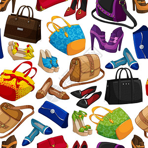 无缝女人39的时尚配件包鞋子壁纸图案背景矢量插图图片