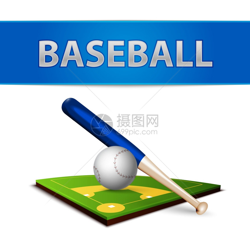 现实棒球棒绿草场标志孤立矢量插图图片