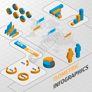 抽象等距业务信息元素图表矢量插图背景图片