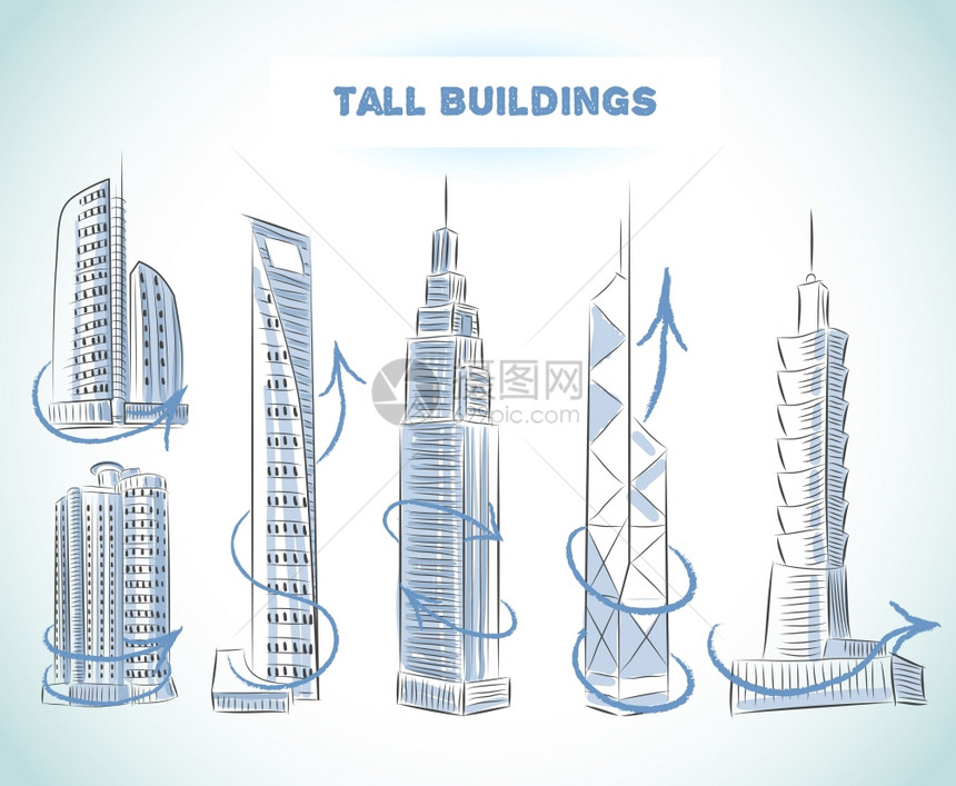 建筑图标集现代摩天大楼素描矢量插图图片