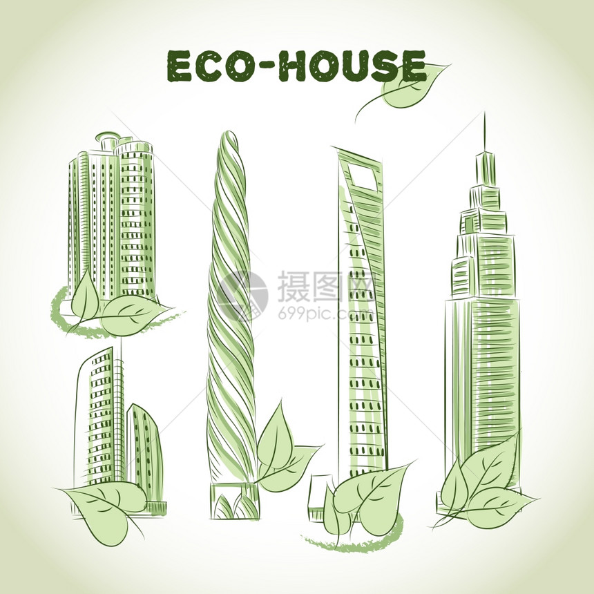 生态绿色建筑图标的摩天大楼素描矢量插图图片