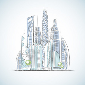 生态绿色建筑图标的摩天大楼素描矢量插图图片