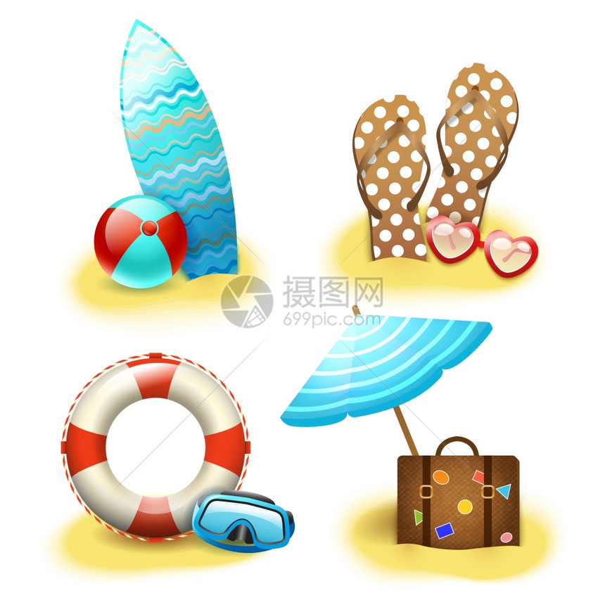 暑假假期配件收集凉鞋,手提箱,阳伞冲浪板孤立矢量插图图片