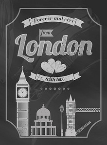 爱伦敦黑板复古海报与大本桥矢量插图背景图片