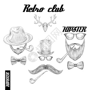 复古时尚俱乐部配件为绅士眼镜帽,烟管,蝴蝶结,胡子,素描矢量插图图片