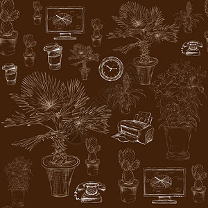 无缝商务办公文具用品与装饰花卉棕榈图案背景素描矢量插图背景图片