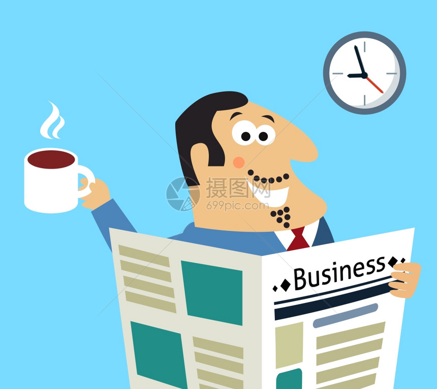 商业生活早上快乐老板用咖啡杯报纸阅读新闻股票价格场景矢量插图图片