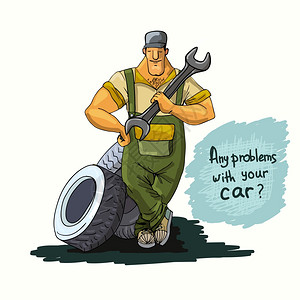 汽车机械维修服务工人与扳手轮胎海报矢量插图图片