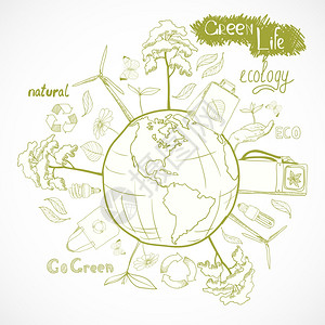 涂鸦生态能源与树木叶花全球装饰元素矢量插图图片