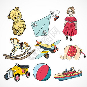 装饰儿童玩具素描图标集蒸船风筝摆马球孤立矢量插图图片