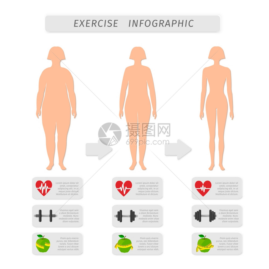 健身运动进展信息元素集心率力量苗条女轮廓孤立矢量图图片