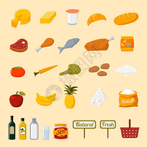 糖纳红豆超市食品收集广告新鲜健康的水果蔬菜肉类油类孤立插图矢量插画