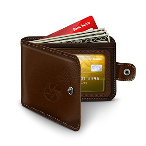 女性信用卡经典的现代棕色皮革口袋打开钱包与信用卡,钞票身份证文件矢量插图插画