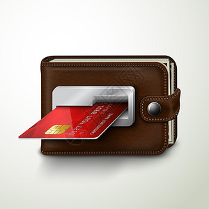 女性信用卡经典的现代棕色钱包与皮革纹理ATM银行机器插槽与信用卡孤立矢量插图插画