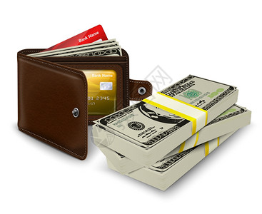 现金卷经典的现代棕色皮革口袋打开钱包与信用卡钞票银行卷矢量插图插画