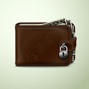 钥匙钱包经典的现代棕色皮革钱包与美元钞票锁定挂锁金融安全矢量插图插画