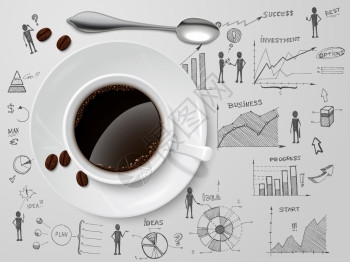 咖啡杯勺子关于商业进展的想法投资选项草图海报矢量插图图片