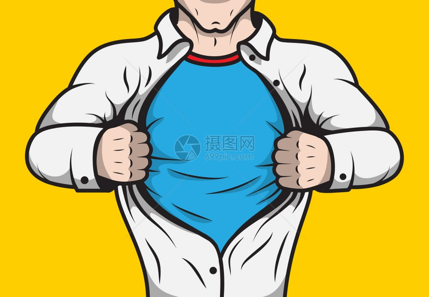 伪装漫画书超级英雄成男子封打开他的衬衫模板矢量插图图片