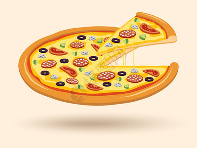 橄榄色圆形热美味肉奶酪橄榄番茄蘑菇披萨与切片标志矢量插图插画