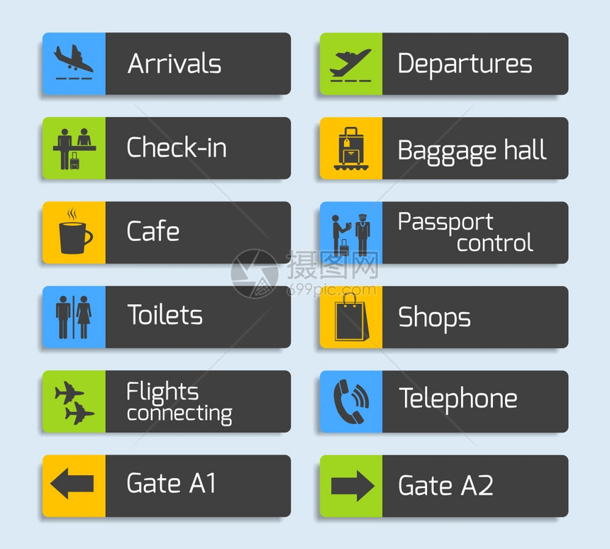 机场导航标牌飞机达出发护照行李控制图标隔离矢量插图图片