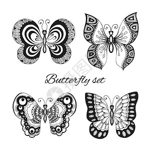 纹身店套黑白纹身风格的蝴蝶与华丽的翅膀孤立矢量插图插画