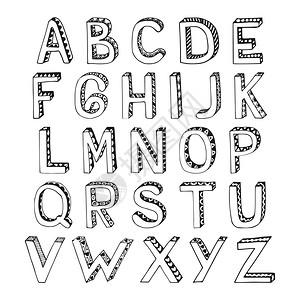 素描手绘三维字母与舱口菱形心脏装饰字体字母孤立矢量插图图片