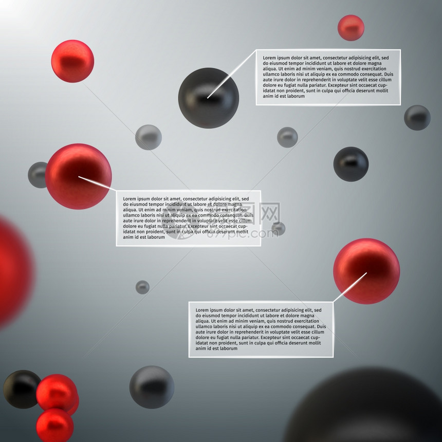 抽象三维球体原子气泡信息元素与数据标签矢量插图图片