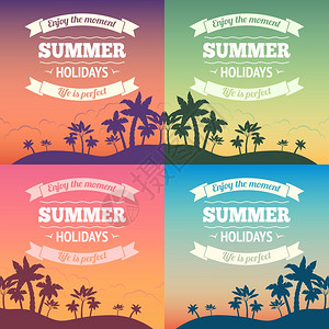 暑假旅行背景海报与日落棕榈树矢量插图图片