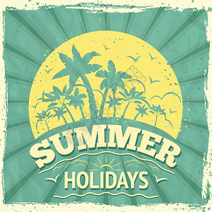 暑假旅行背景海报与日落棕榈树矢量插图背景图片