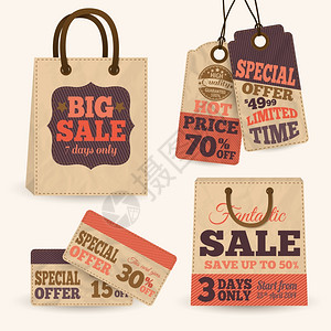 收集纸销售价格标签与购物袋模板矢量插图图片