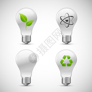 绿色生物灯泡三维逼真图标与叶原子回收孤立矢量插图图片