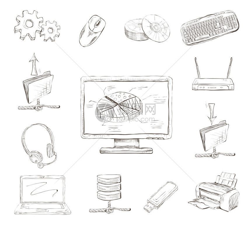业务计算机图标集工作场所桌打印机无线网络路由器手绘孤立矢量插图草图图片