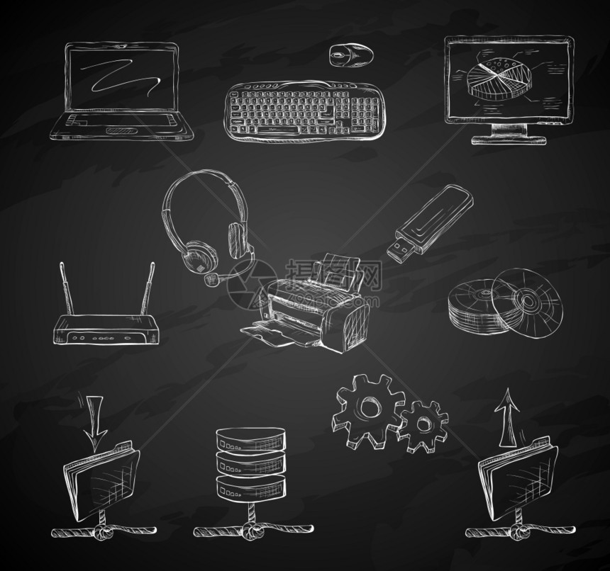 商用计算机图标桌移动笔记本网络路由器打印机手隔离矢量插图草图黑板上图片