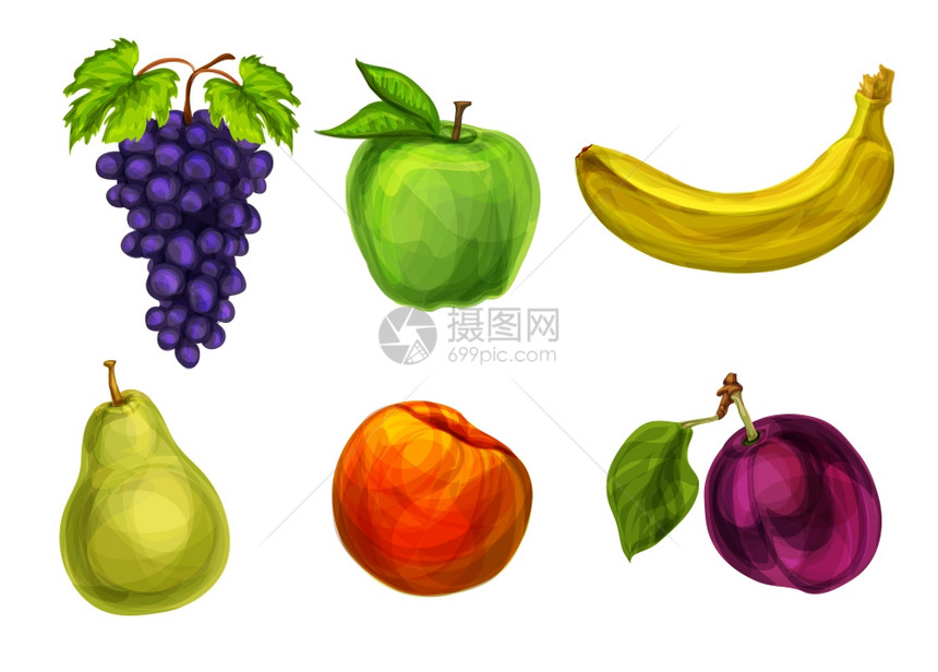 采集新鲜机水果葡萄苹果香蕉梨李子桃子分离矢量插图图片