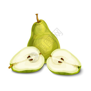 绿色天然水果绿色天然机甜梨果实切成两半,用种子分离手绘草图矢量插图插画