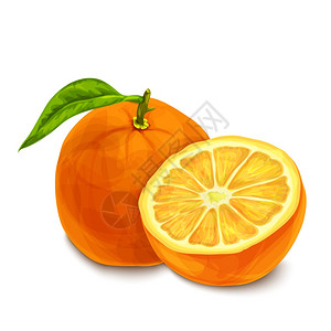 天然机甜切切片橙色与叶热带水果装饰海报标志孤立矢量插图图片