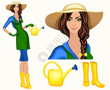 风骚的迷人的轻园丁妇女站宽边帽惠灵顿与浇水罐矢量插图插画