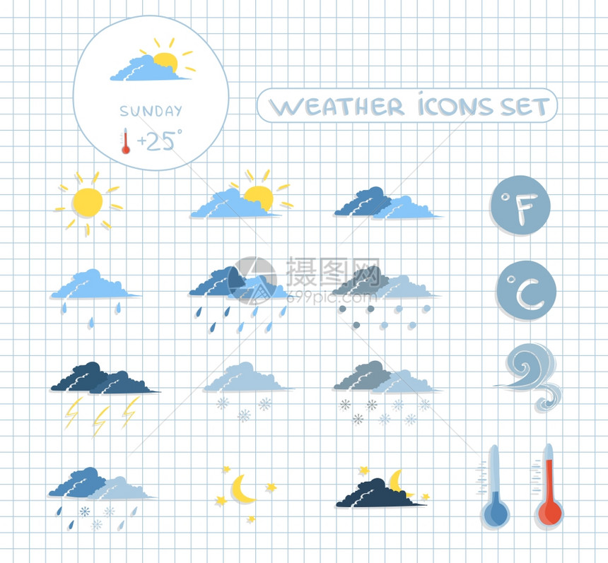 天气预报图标套清晰的多云暴风雨雪天矢量插图图片