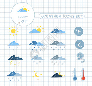 天气预报图标套清晰的多云暴风雨雪天矢量插图图片