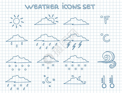 天气预报象形文字集雨风暴雪风涂鸦矢量插图图片