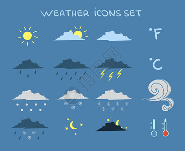 天气预报图标集云晴空闪电矢量插图高清图片