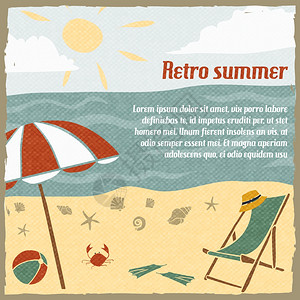 暑假背景旅行社海报与沙滩阳伞躺椅复古矢量插图图片