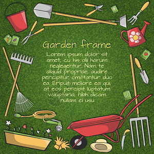 手绘铲子工具绿色背景矢量插图上花园配件仪器工具的装饰框架插画