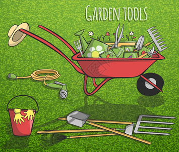 花园工具仪器收集海报与手推车上的草背景矢量插图背景图片