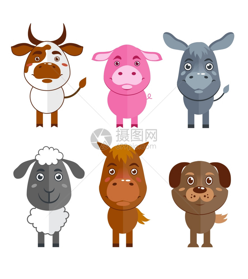 野生家畜卡通人物图标集牛驴羊马孤立矢量插图图片