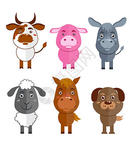 野生家畜卡通人物图标集牛驴羊马孤立矢量插图图片