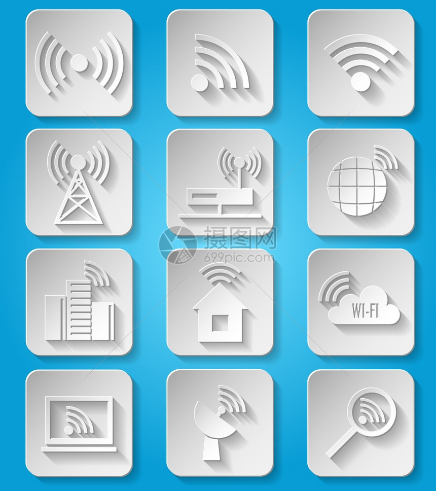 无线通信网络商务纸图标集咖啡厅,wifi热点信号搜索路由器设备隔离矢量图图片